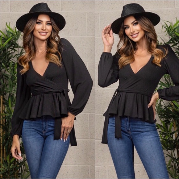 1 LEFT! USA MADE Women’s Soft Surplice Ribbed Black Self Tie Waist Blouse Top - Picture 2 of 4